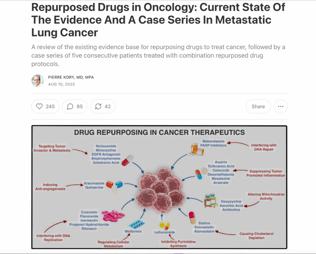 Dr. Pierre Kory substack post about Stage 4 mestastatic lung cancer patients receiving care with repurposed drugs 